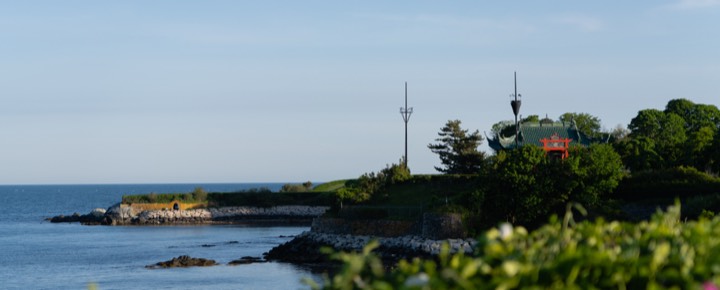 Quiet rocky shoreline at golden hour